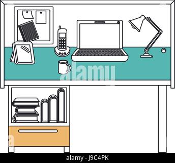 silhouette color sections of workplace home office interior Stock Vector