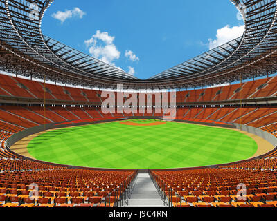 3D render of baseball stadium with orange seats, VIP boxes and floodlights for hundred thousand people Stock Photo