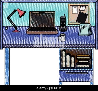 color crayon stripe silhouette of workplace home office interior Stock Vector