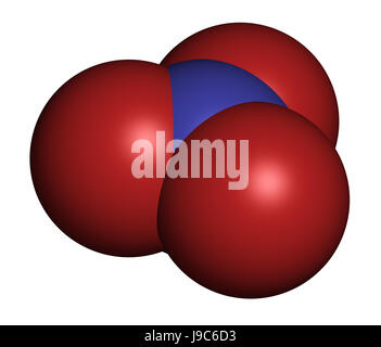 Nitrate anion, chemical structure. 3D rendering. Atoms are represented as spheres with conventional color coding: nitrogen (blue), oxygen (red). Stock Photo