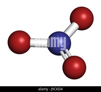 Nitrate anion, chemical structure. 3D rendering. Atoms are represented as spheres with conventional color coding: nitrogen (blue), oxygen (red). Stock Photo