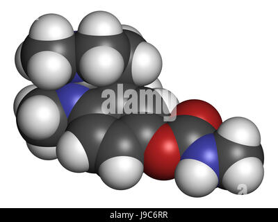 Physostigmine alkaloid molecule. Present in calabar bean and manchineel tree, acts as acetylcholinesterase inhibitor. 3D rendering. Atoms are represen Stock Photo