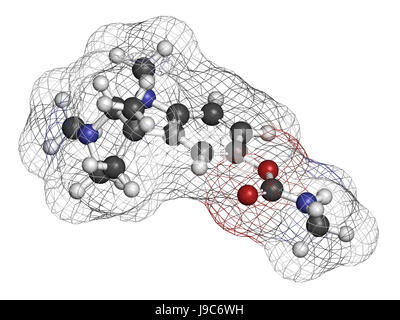 Physostigmine alkaloid molecule. Present in calabar bean and manchineel tree, acts as acetylcholinesterase inhibitor. 3D rendering. Atoms are represen Stock Photo