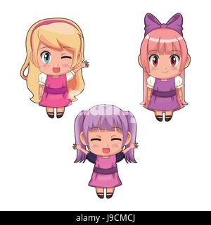 colorful set full body cute anime girls facial expression in pink and lilac dress Stock Vector