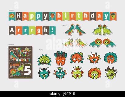 Dinosaurs boy birthday party decor set. Stock Vector