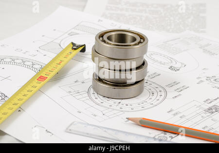Technical drawings with the Ball bearings Stock Photo
