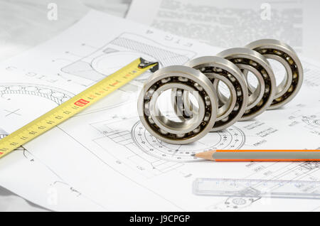 Technical drawings with the Ball bearings Stock Photo