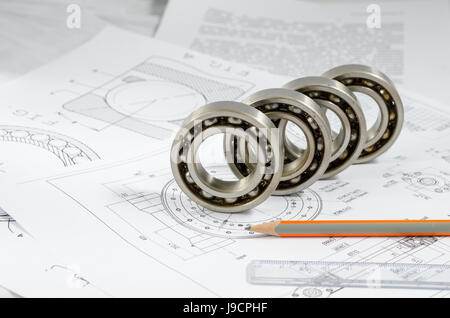 Technical drawings with the Ball bearings Stock Photo