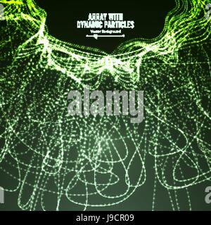 Array Vector With Splash Emitted Particles. Round Dots Array And Lines. Visualization Abstract Background With Swirled Stripes Stock Vector