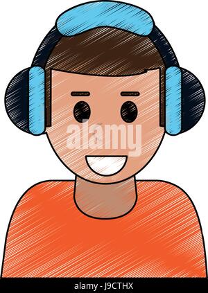 color pencil cartoon half body man with headphones Stock Vector