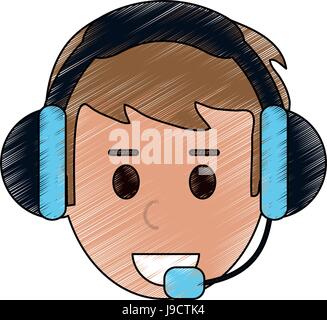 color pencil cartoon front view face male costumer service with handset Stock Vector