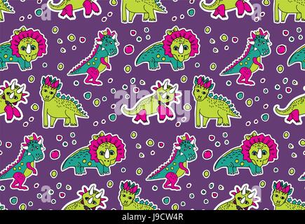Dinosaurs pink and purple seamless pattern. Stock Vector