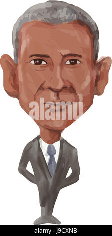 Watercolor caricature illustration of the 44th American President of the United States of America, Barack Obama viewed from front done in cartoon styl Stock Photo