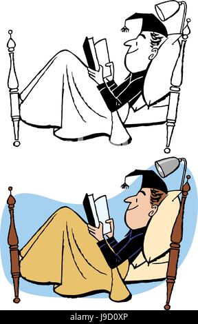 A man in pajamas reads a book in bed. Stock Vector