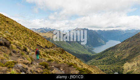 Hiker, South Fiord of Lake Te Anau, Murchison Mountains, Southern Alps in background, Kepler Track, Fiordland National Park Stock Photo