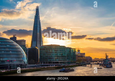 Skyline of the office complex More London Riverside, London City Hall, City Hall, The Shard, Thames at sunset, Southwark, London