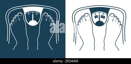 Concept of overweight in the form of feet on weighing scales. Icons, silhouette in the linear style Stock Vector