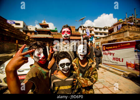 Kids with faces painted at the Holi Festival, Durbar Square, Kathmandu, Nepal, Asia Stock Photo