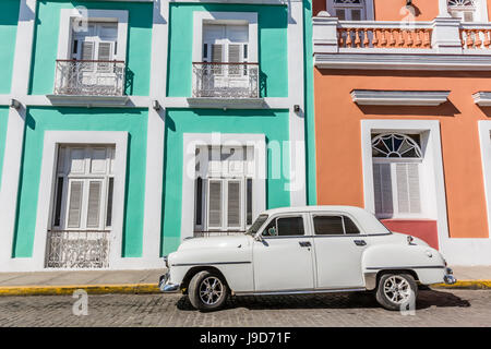 Classic 1950s Plymouth taxi, locally known as almendrones in the town of Cienfuegos, Cuba, West Indies, Caribbean