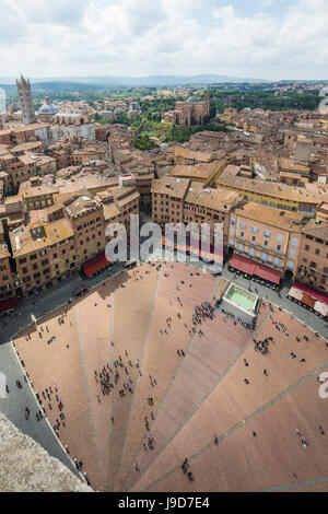 Top view of Piazza del Campo with the historical buildings and The Fonte Gaia fountain, Siena, UNESCO, Tuscany, Italy Stock Photo