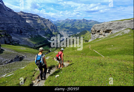 Hikers at Kleine Scheidegg, Grindelwald, Bernese Oberland, Switzerland, Europe Stock Photo