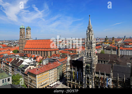 View from St. Peter's Church down to Marienplatz Square, City Hall and Church of Our Lady, Munich, Upper Bavaria, Germany