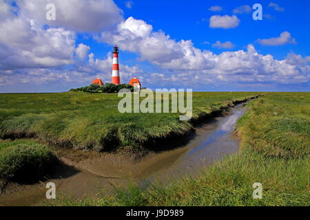 Lighthouse in the Wadden Sea National Park, Westerhever, Schleswig-Holstein, Germany, Europe Stock Photo