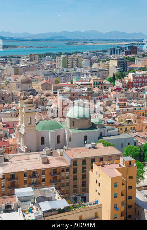 Cagliari Sardinia cityscape, view of the city's Stampace old town district with the Sant'Anna church in the foreground, Sardinia Stock Photo