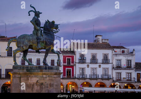 Francisco Pizarro statue in the Plaza Mayor, Trujillo, Caceres, Extremadura, Spain, Europe Stock Photo
