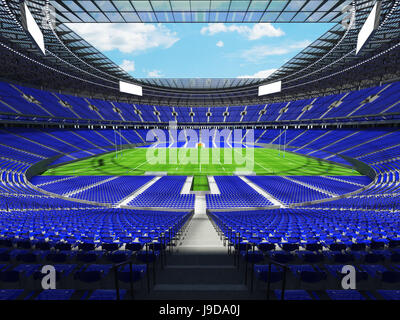 3D render of a round rugby stadium with  blue seats and VIP boxes for hundred thousand people Stock Photo