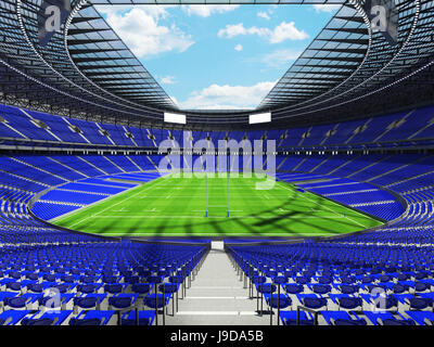 3D render of a round rugby stadium with  blue seats and VIP boxes for hundred thousand people Stock Photo