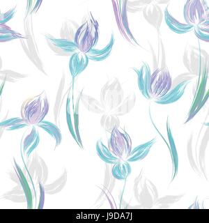 Seamless pattern with floral ornament, irises in a grunge style on white background. Stock Vector