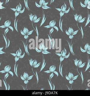 Garden flowers seamless pattern background vintage silhouette illustration iris. Floral hand drawn design elements. Stock Vector