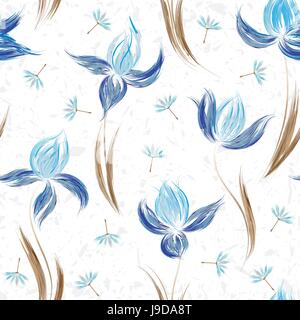 Seamless pattern with floral ornament, irises in a grunge style on white background. Stock Vector