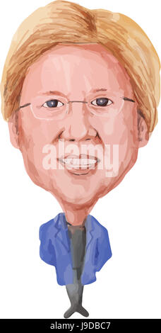 Water color caricature illustration of Elizabeth Ann Warren (born June 22, 1949)American Senator of the Democratic Party viewed from front on isolated Stock Photo