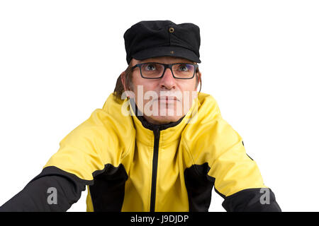 attractive candid european middle-aged male with hat and glasses Stock Photo