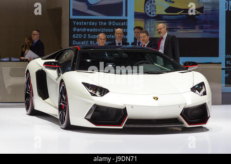 GENEVA, SWITZERLAND - MARCH 4, 2015: Lamborghini Aventador LP 700-4 Pirelli Edition at the 85th International Geneva Motor Show in Palexpo, Geneva. Stock Photo