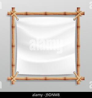 Bamboo Frame Vector With White Canvas. Wooden Frame Of Bamboo Sticks Swathed In Rope. Banner Template Stock Vector