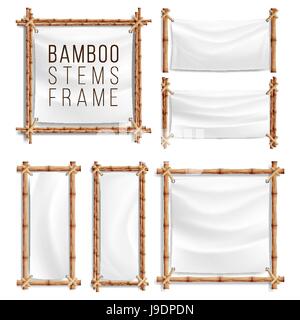 Bamboo Frame Set Vector With Canvas. Wooden Frame Of Bamboo Sticks Swathed In Rope. Banner Template Stock Vector
