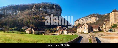 Panorama of a Baume-les-Messieurs village.  Jura department of Franche-Comte. Baume-les-Messieurs is classified as one of the most beautiful villages  Stock Photo