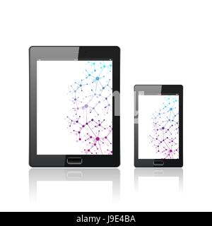 Modern digital tablet PC with mobile smartphone isolated on the white. Molecule and communication background. Science concept. Vector Illustration. Stock Vector