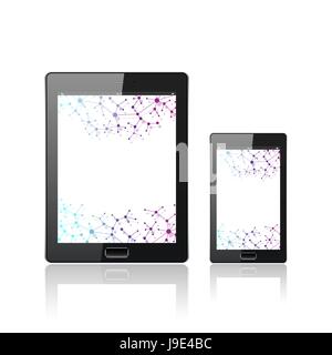Modern digital tablet PC with mobile smartphone isolated on the white. Molecule and communication background. Science concept. Vector Illustration. Stock Vector