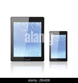 Modern digital tablet PC with mobile smartphone isolated on the white. Molecule and communication background. Science concept. Vector Illustration. Stock Vector