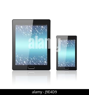 Modern digital tablet PC with mobile smartphone isolated on the white. Molecule and communication background. Science concept. Vector Illustration. Stock Vector