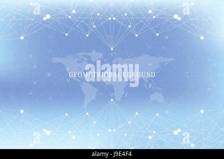 Graphic abstract background communication with world map. Big data visualization. Perspective backdrop with connected lines and dots. Social networking. Illusion of depth. Vector illustration. Stock Vector