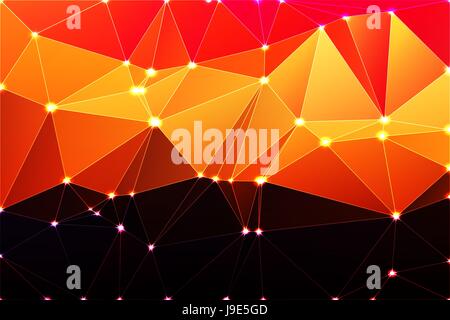 Purple orange yellow red brown abstract low poly geometric background with white triangle mesh and defocused lights. Stock Vector