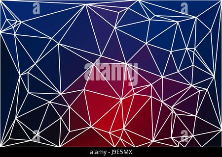 Deep blue and red abstract low poly geometric background with white triangle mesh. Stock Vector