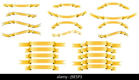 Set of vector golden silk ribbons on white background. Banner shapes sticker, label and decoration collection. Stock Vector
