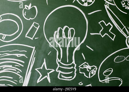 Lightbulb and symbols drawn on a  chalkboard, copy space Stock Photo