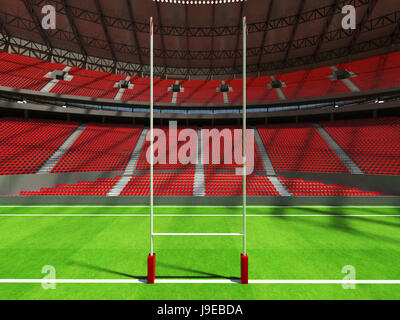 3D render of a round rugby stadium with  red seats and VIP boxes for hundred thousand people Stock Photo